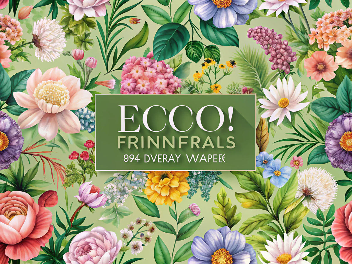 Eco-friendly floral wallpaper design featuring vibrant flowers and lush greenery, perfect for home decor.