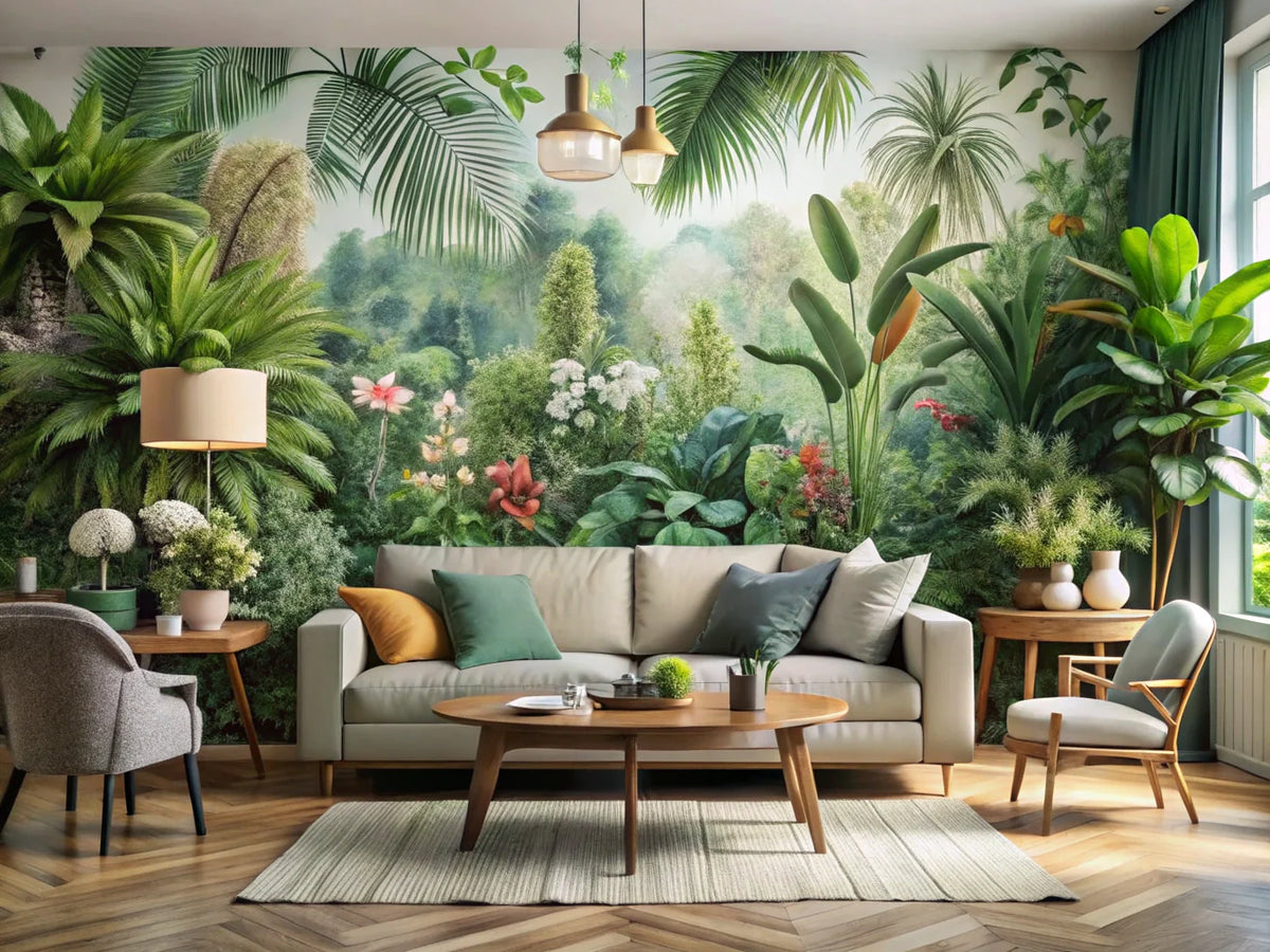 A serene interior featuring botanical wallpaper with lush plants and flowers, creating a tranquil atmosphere that connects with nature.