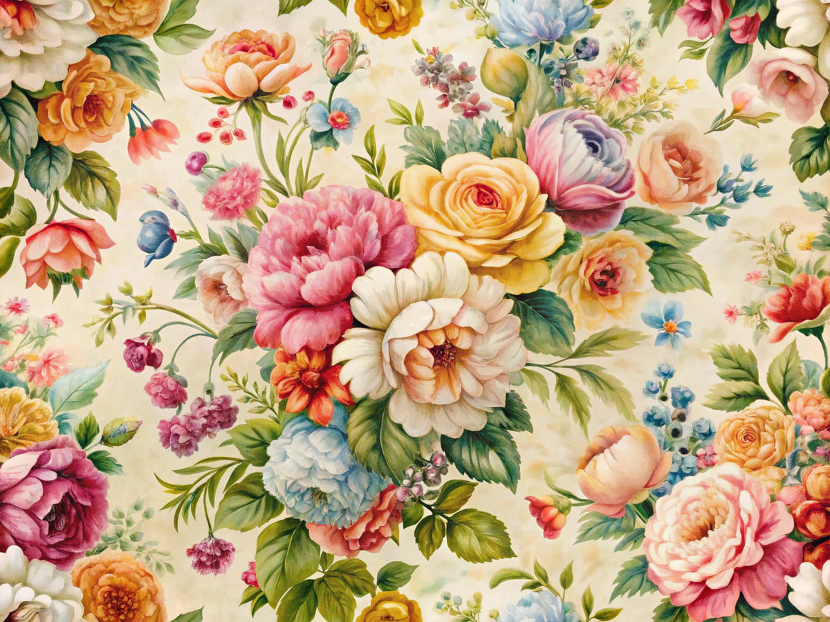 Vintage floral wallpaper design for home decor inspiration, featuring colorful flowers in a soft, romantic style.