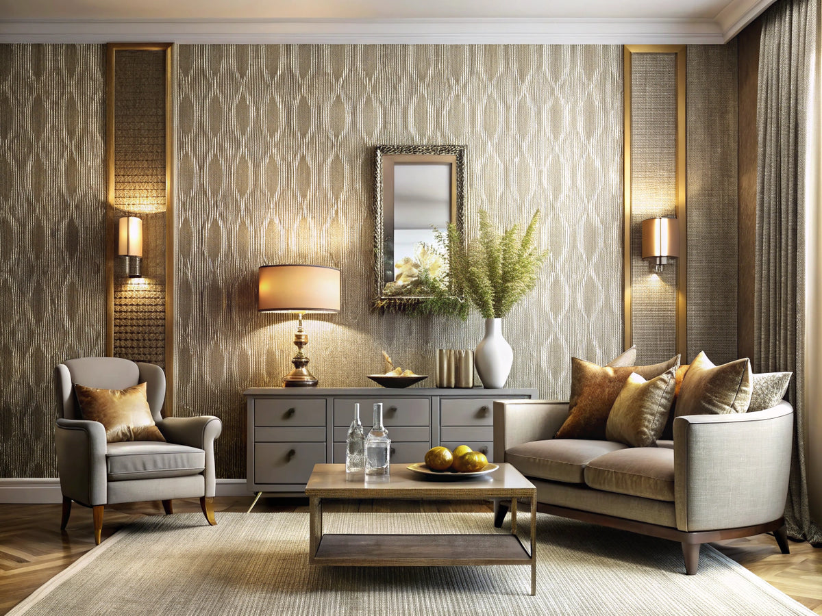 A stylish and modern interior room showcasing textured wallpaper with a mix of grasscloth, embossed vinyl, and metallic designs, highlighting depth and dimension.