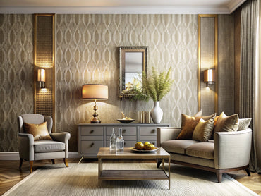 A stylish and modern interior room showcasing textured wallpaper with a mix of grasscloth, embossed vinyl, and metallic designs, highlighting depth and dimension.
