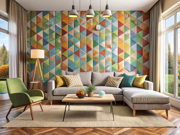 Modern living room with bold geometric-patterned wallpaper and sleek neutral furniture