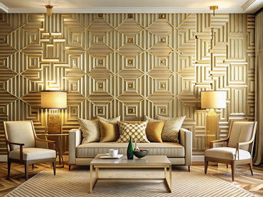 Elegant interior featuring Golden Geometric Maze wallpaper with modern decor elements.