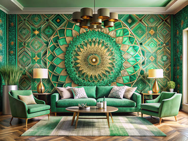 Modern living room wall blending vibrant kaleidoscope and emerald art deco wallpaper patterns