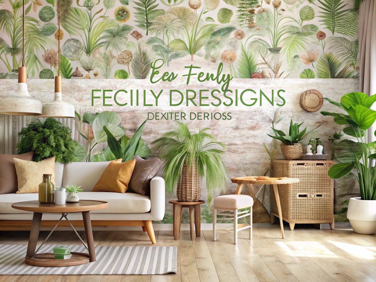 Eco-friendly wallpaper designs featuring natural patterns and earthy colors in a serene interior space.