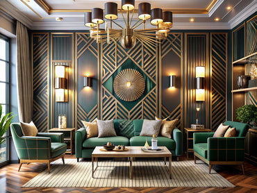 Modern living room with Art Deco elements and art deco wallpaper, showcasing vintage elegance and geometric patterns.