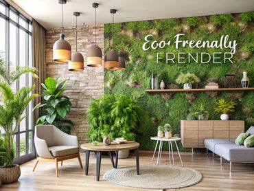 A beautifully designed interior featuring eco-friendly wallpaper, showcasing natural textures and plants, emphasizing sustainable design.