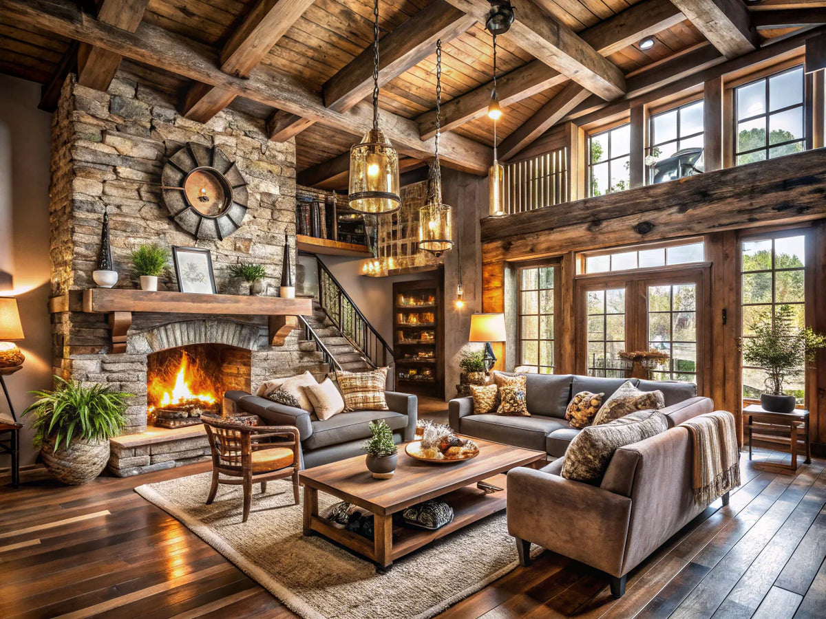 A rustic home interior showcasing a blend of vintage and modern design elements, featuring natural materials, earthy tones, and cozy lighting.
