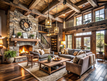 A rustic home interior showcasing a blend of vintage and modern design elements, featuring natural materials, earthy tones, and cozy lighting.