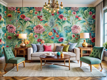 A stylish living room featuring custom wallpapers and personalized wall art, showcasing unique patterns and vibrant colors that reflect creativity and individuality.