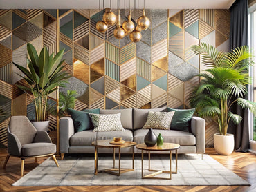 Modern living room showcasing top 2025 wallpaper trends—bold geometric, subtle botanical, metallic gold, abstract textured, and minimalist designs.
