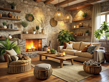 Cozy living room with rustic textured wallpaper, warm ambient lighting, wooden furniture, stone fireplace, and natural textiles