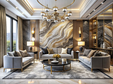 Luxurious marbled elegance wallpaper in a sophisticated interior setting, blending luxury living with practicality.