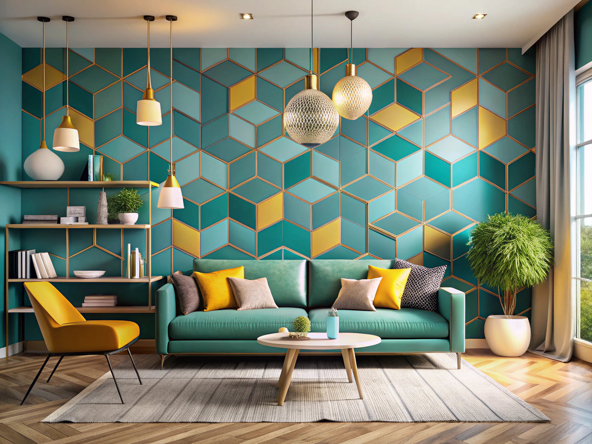 A modern interior showcasing geometric wallpaper designs with abstract patterns, featuring contemporary furniture and a trendy color palette.