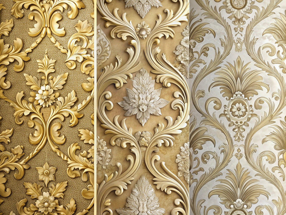 Collage of baroque, art deco, and modern elegant wallpaper designs reflecting the evolution of styles