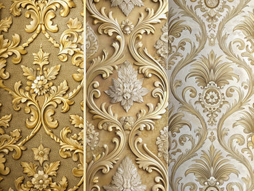 Collage of baroque, art deco, and modern elegant wallpaper designs reflecting the evolution of styles