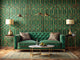 Elegant living room corner showcasing emerald green and gold geometric Art Deco wallpaper paired with modern velvet sofa and brass coffee table