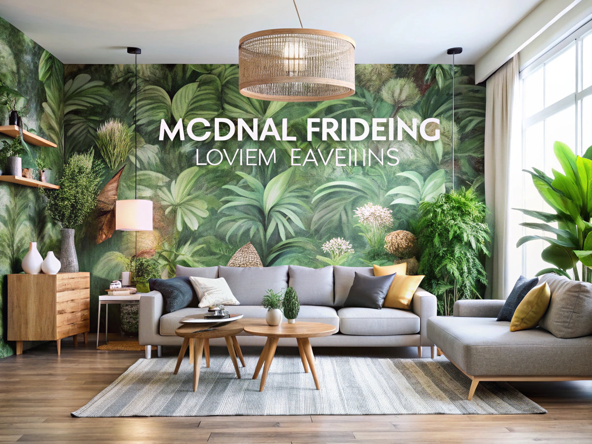 A modern living room with eco-friendly wallpapers, featuring nature-inspired designs and sustainable materials, highlighting sophistication and environmental consciousness.