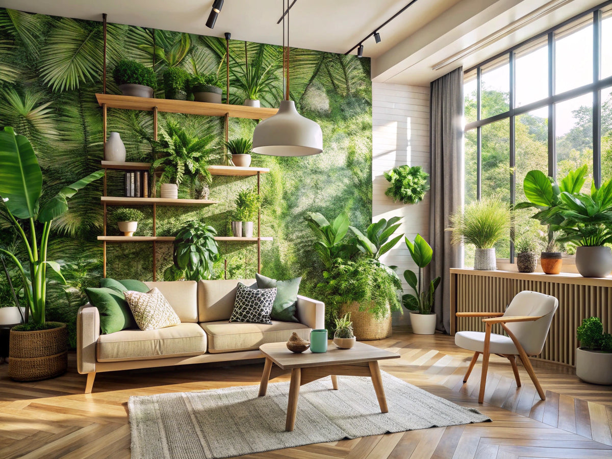 Eco-friendly wallpaper in a stylish living space, showcasing sustainable home decor with nature-inspired designs and plants.