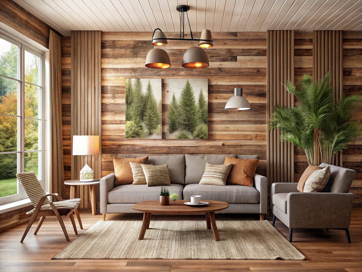Cozy living space featuring wood-inspired wallpapers that evoke natural textures and warmth.