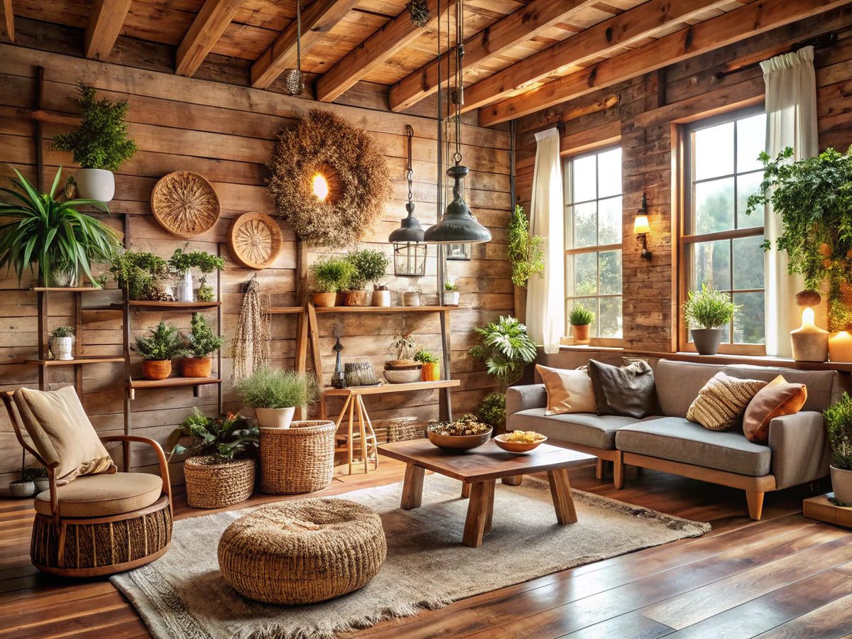 A cozy interior showcasing rustic home decor elements with eco-friendly design features, emphasizing sustainability in interior design.