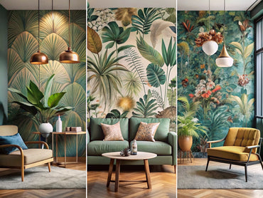 Collage showcasing 2025 wallpaper trends including bold abstract patterns, lush botanical murals, metallic textured finishes, retro damask motifs, ceiling-centric design, and earthy neutral palettes.