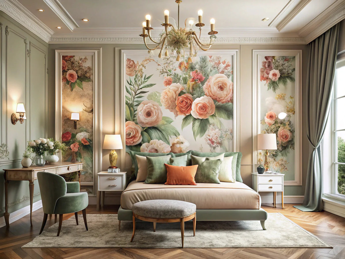 Elegant interior featuring Floral Majesty wallpaper with coral, ivory, and sage hues, showcasing sophistication and tranquility in home decor.
