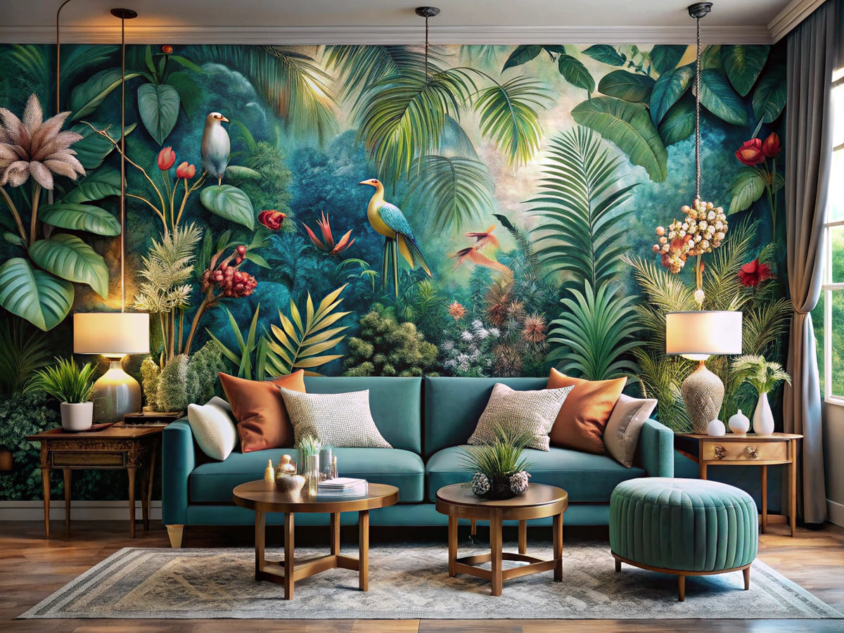 Custom wallpapers showcasing personalized home decor with vibrant murals, nature-inspired motifs, textured wallcoverings, and metallic finishes reflecting unique style.