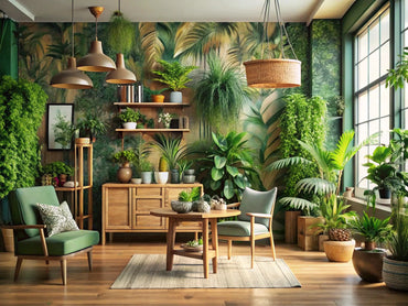 A serene interior featuring nature-inspired home decor with floral wallpaper, natural wood furniture, and indoor plants, reflecting the beauty of the outdoors.
