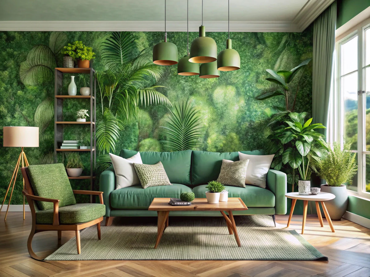 Eco-friendly wallpaper in a sustainable home design featuring green tones and natural decor elements.