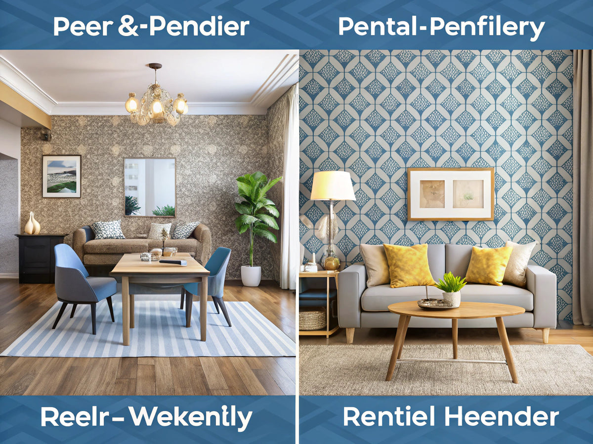 A stylish living room showcasing a comparison between peel-and-stick wallpaper and traditional wallpaper, emphasizing renter-friendly home decor options.
