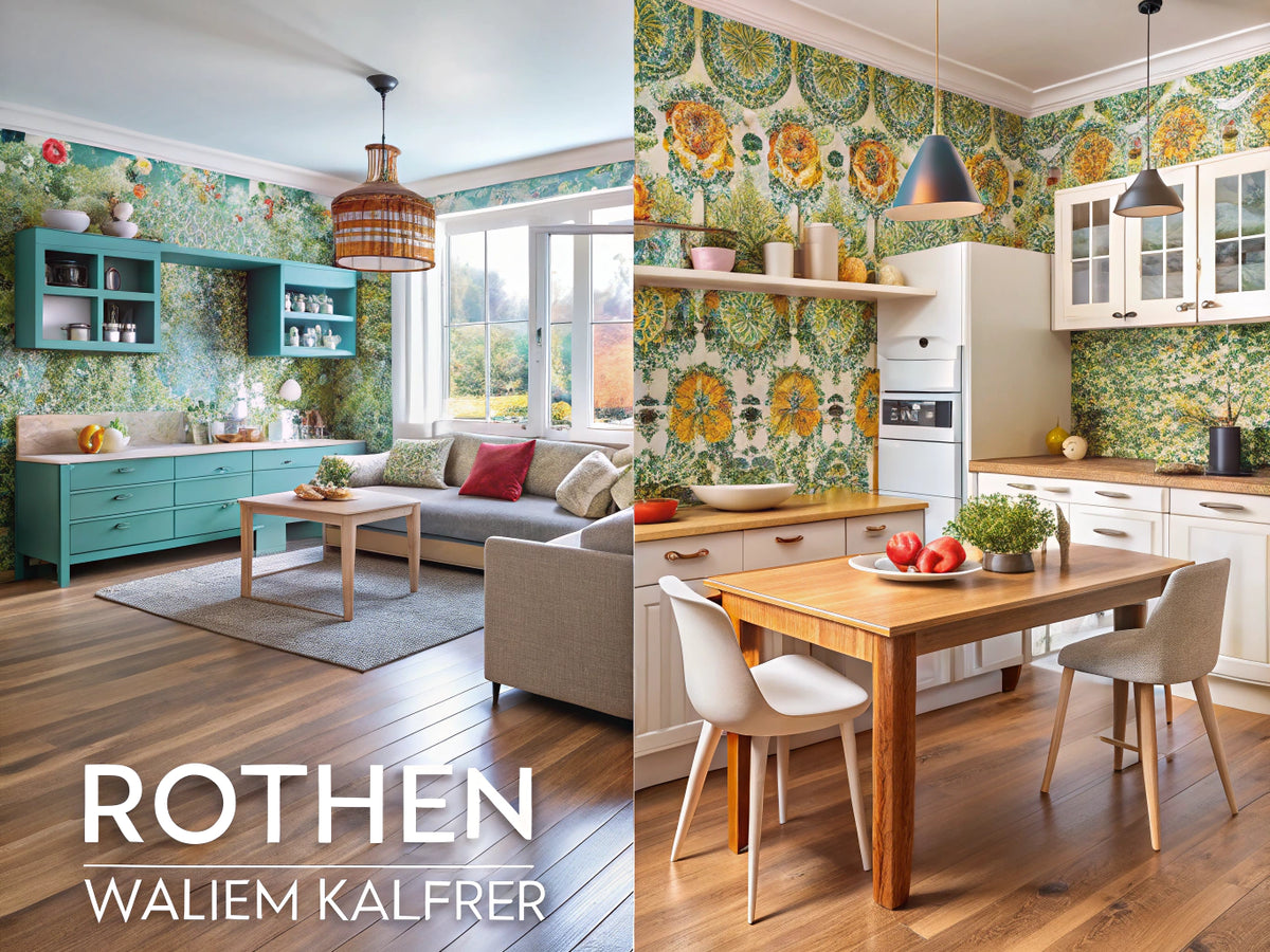 A beautifully decorated room showcasing various wallpaper styles and designs, illustrating the transformation of spaces with wallpaper in living rooms, bedrooms, and kitchens.
