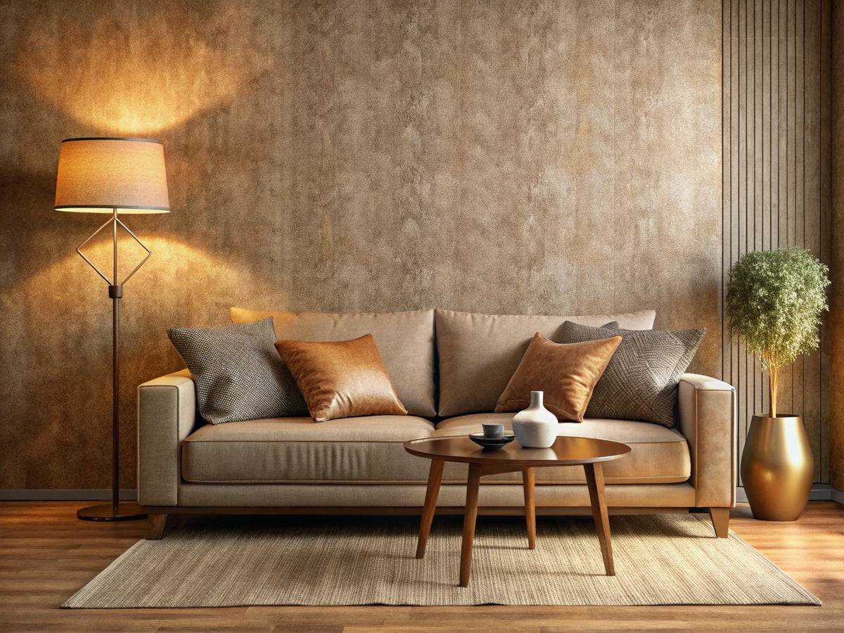 Cozy living room corner with warm textured wallpaper, soft sofa, and ambient lighting