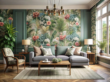 A modern living room adorned with floral wallpaper, showcasing contemporary design elements and stylish decor.