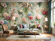 Elegant living room showcasing bold contemporary and classic vintage floral wallpaper designs side by side in a bright, stylish interior.