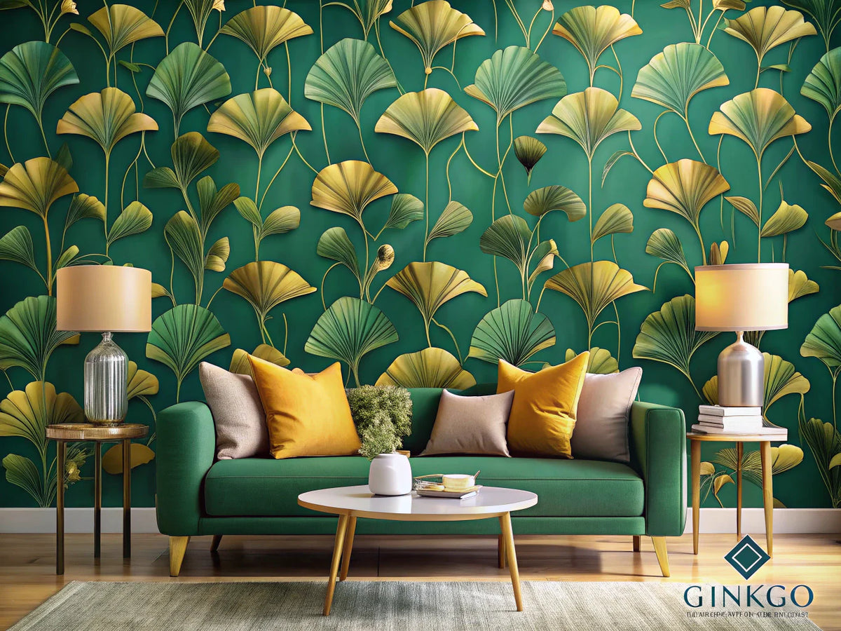 Living room with bold Ginkgo Glamour wallpaper accent wall, featuring nature-inspired patterns and modern decor elements.