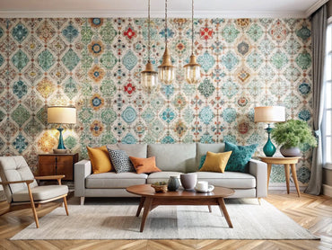 A modern living space showcasing various styles of peel-and-stick wallpaper, highlighting its versatility and ease of use in home decor.