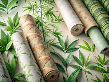 Eco-friendly wallpaper rolls with natural fiber textures arranged alongside green leaves and bamboo in a softly lit interior setting