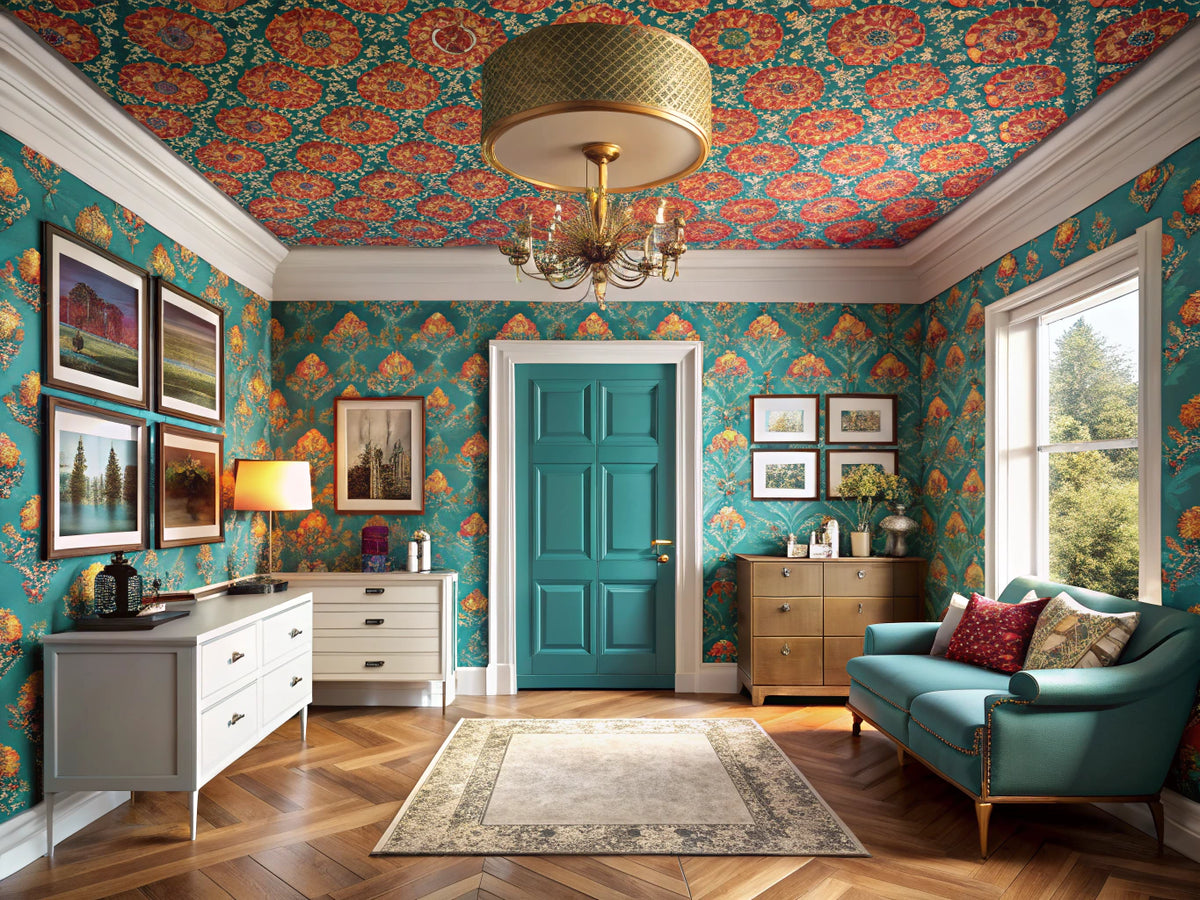 A modern interior showcasing wallpaper creatively applied to a ceiling, furniture, and a door, highlighting the versatility of wallpaper in home decor.