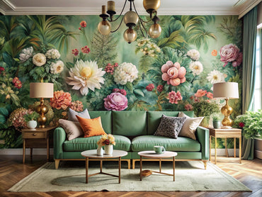 Bright living room with floral wallpaper accent wall, showcasing a timeless garden-inspired interior with modern decor