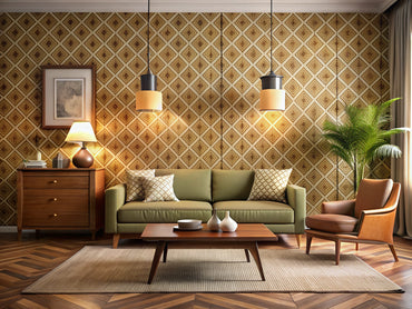 Cozy living room with vintage geometric wallpaper and mid-century modern furniture