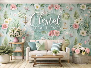 A serene interior showcasing a blend of coastal and floral wallpaper themes, featuring soft floral patterns and coastal elements like anchors, creating an elegant and tranquil atmosphere.