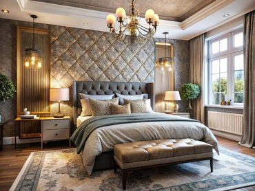 Cozy bedroom showcasing textured wallpaper and bold accent designs, highlighting comfort and style for a perfect retreat.