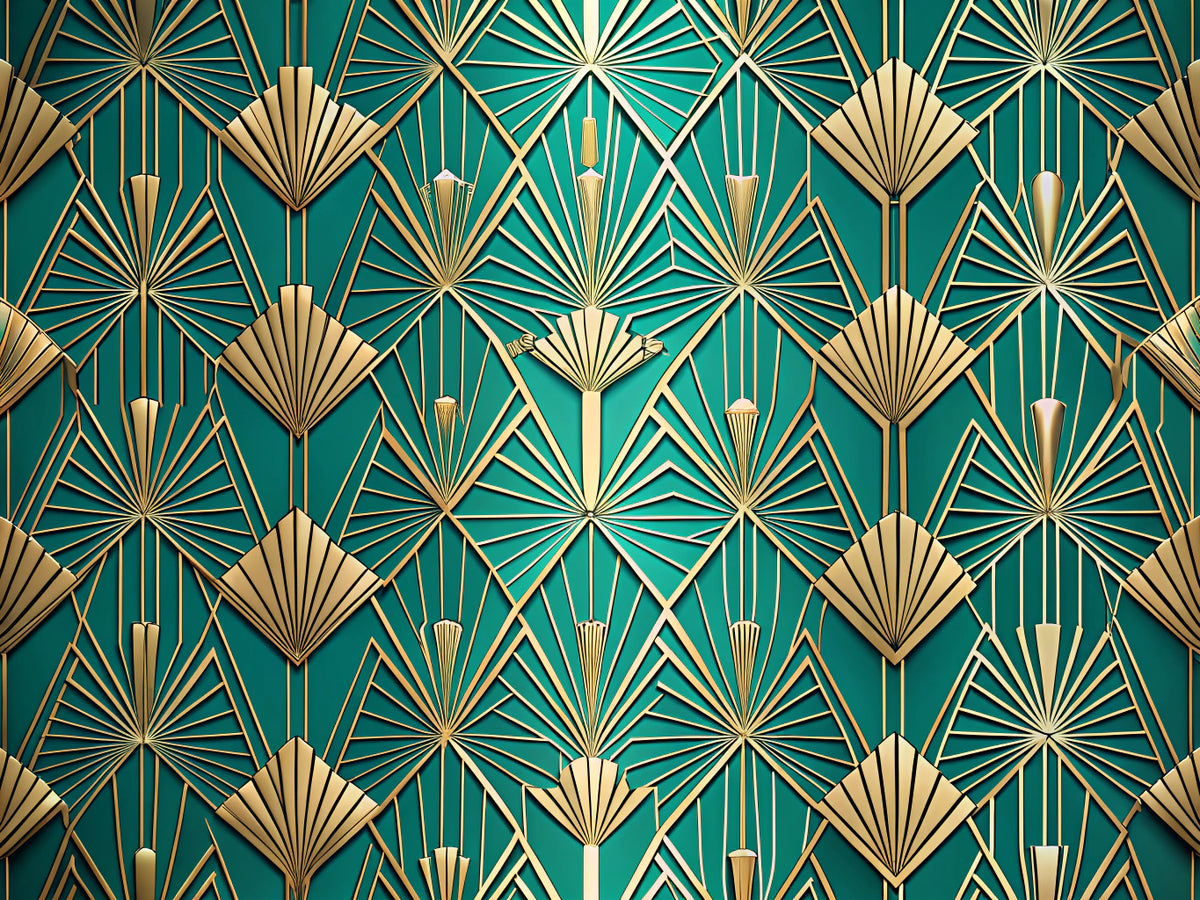 Art Deco wallpaper with geometric patterns and teal background