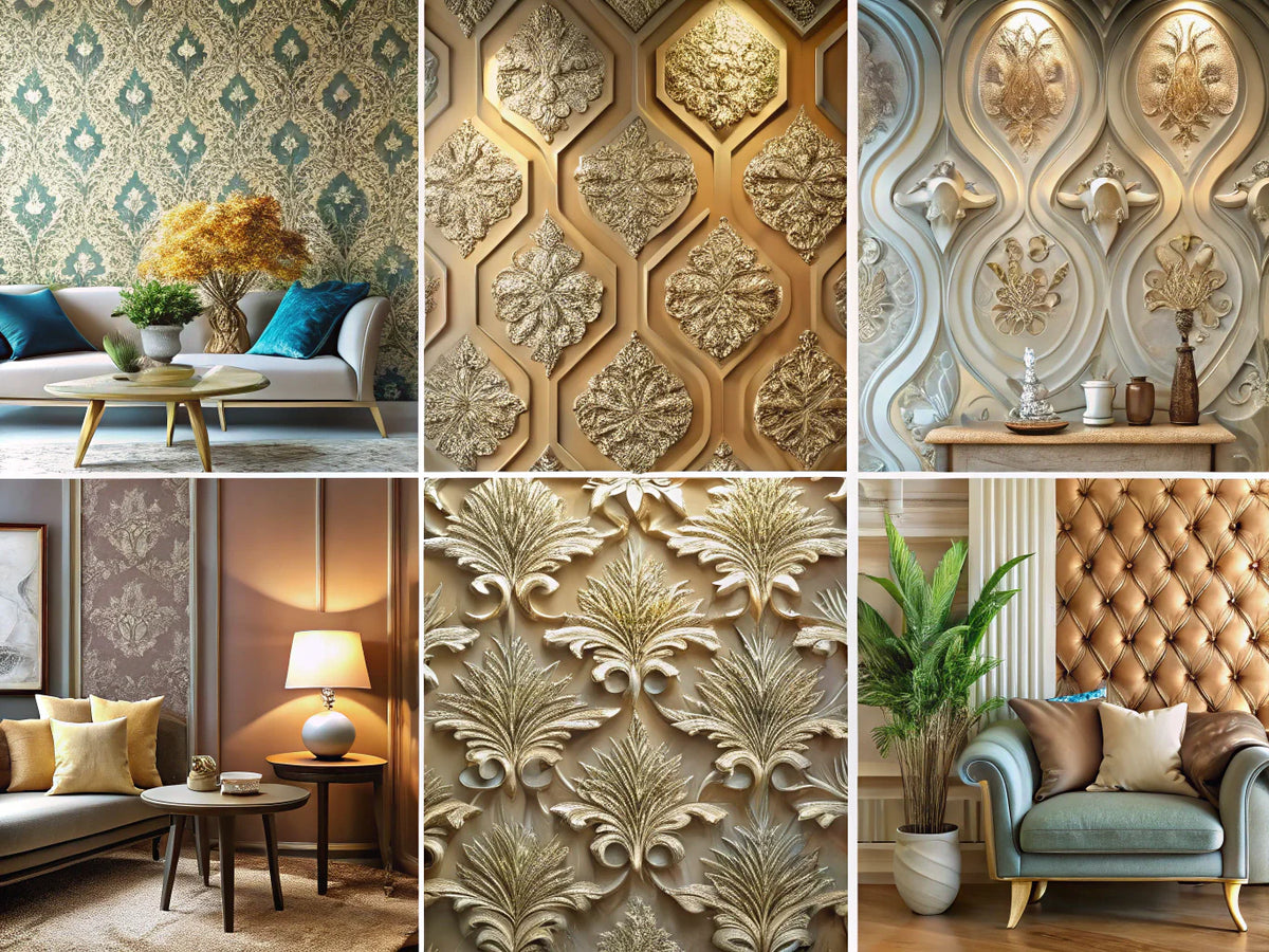 A collection of textured wallpapers featuring 3D and embossed designs, showcasing depth and rich patterns.