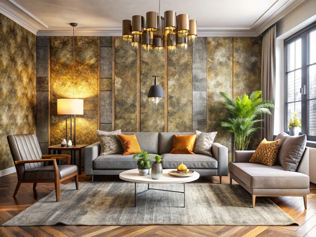 A modern interior showcasing various textured wallpapers and faux finishes, highlighting design trends for 2025.