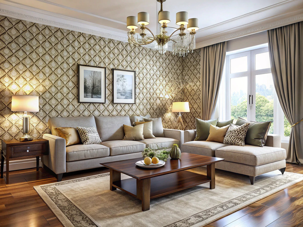 A modern living room showcasing durable wallpaper designs, highlighting sophistication and resilience in home decor.