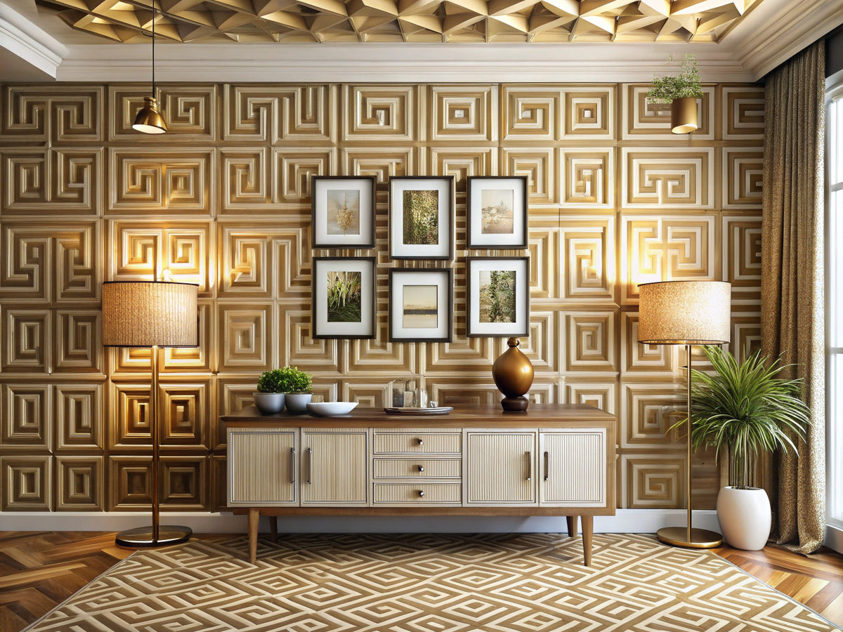 Modern living room with golden geometric maze wallpaper ceiling, modern mosaic wallpaper furniture accents, and framed rustic weave wallpaper art panels.