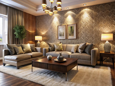 A cozy living room with textured wallpaper, showcasing depth and warmth, with modern design and soft lighting.