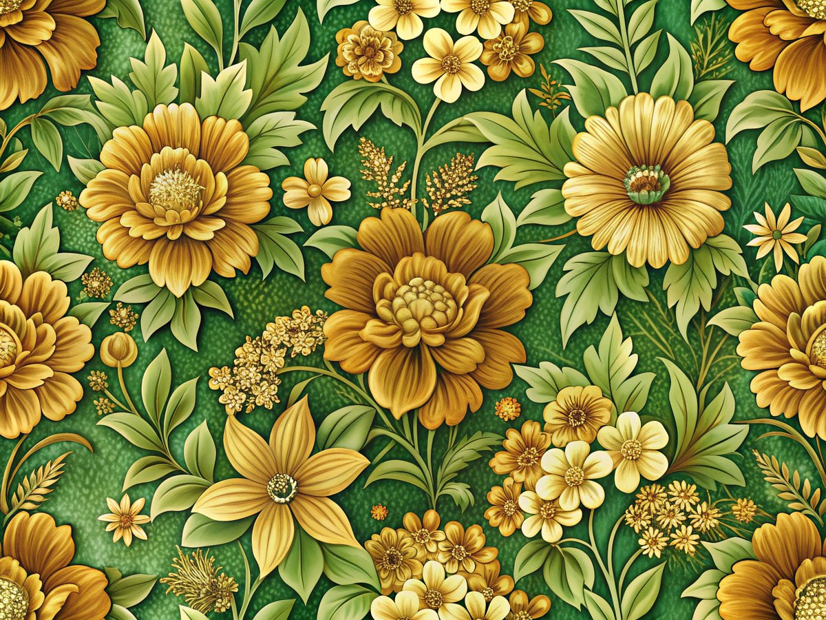 Retro wallpaper design featuring golden blooms and green foliage, capturing vintage elegance for modern interior decor.